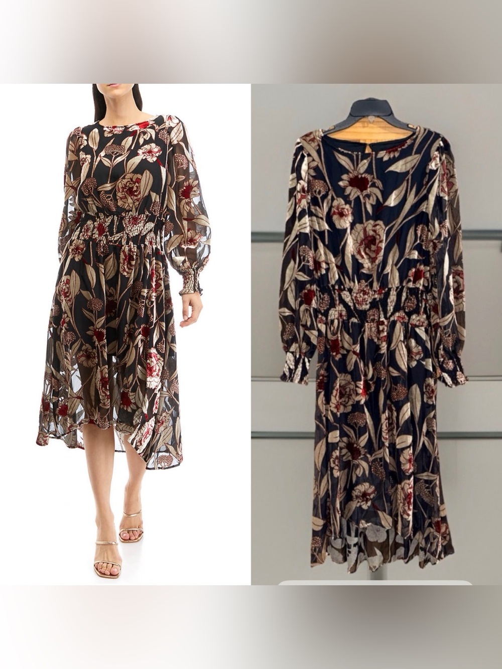 Cupio Black Floral Long-Sleeve Smocked-Waist High Low Midi Dress - XL - EC